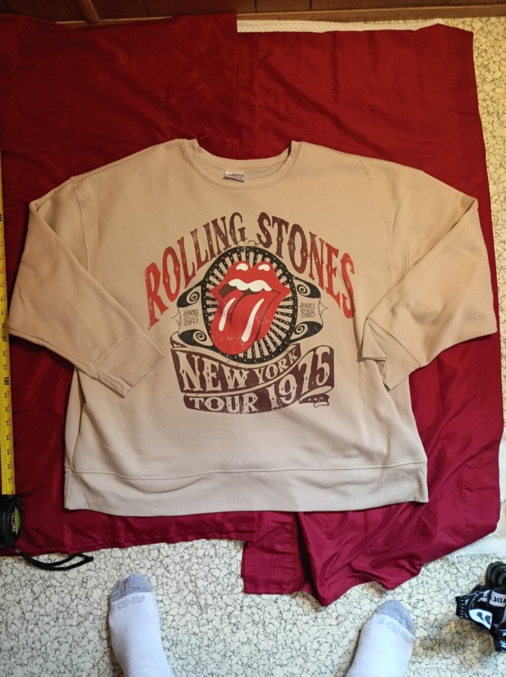the Rolling Stones Beige Crewneck Sweatshirt with Red Tongue Logo
